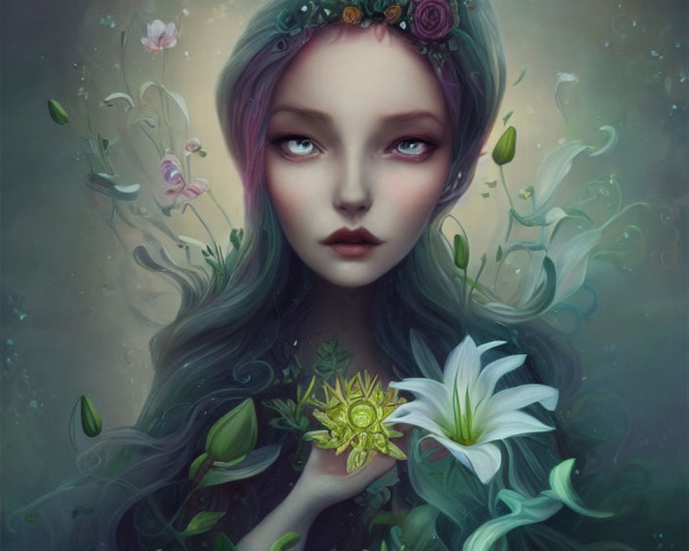 Violet-haired female figure with floral crown and glowing emblem in nature setting