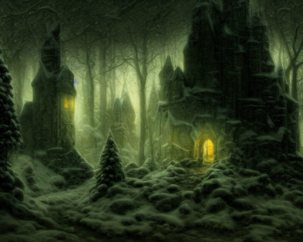 Snowy Forest with Gothic Structures in Dimly Lit Setting