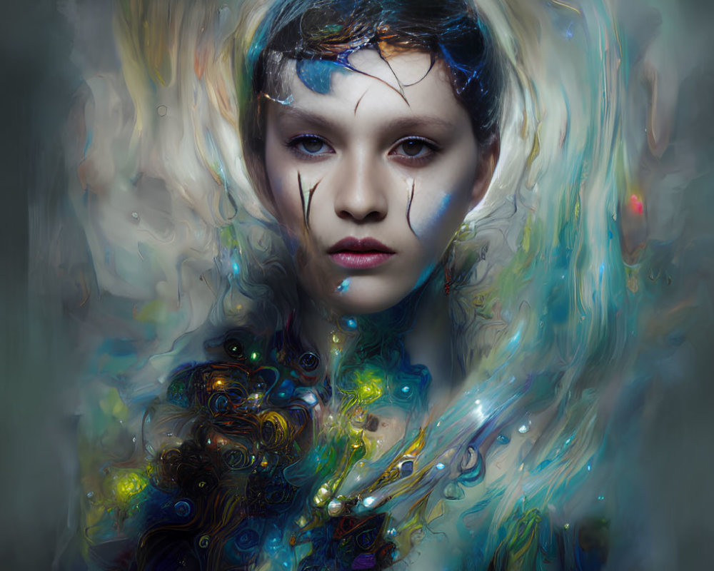 Colorful surreal portrait with striking eyes and feather-like textures