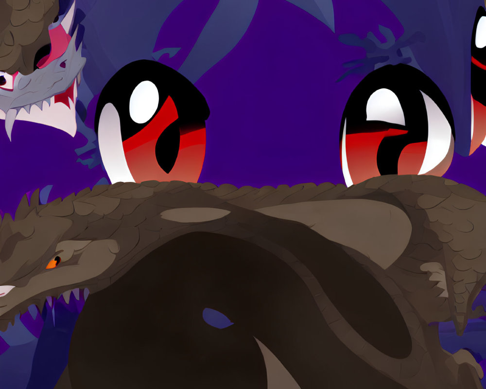 Three menacing cartoon dragons with glowing red eyes and sharp teeth in a dark setting.