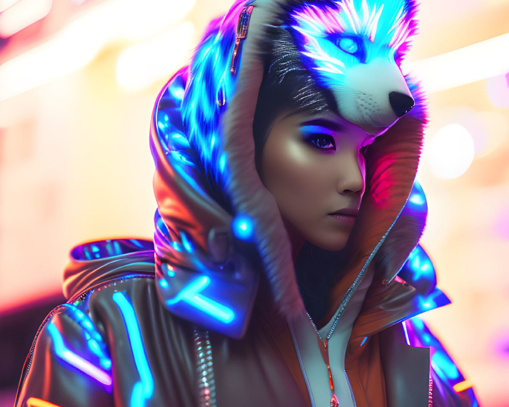 Futuristic neon-lit hoodie with digital wolf overlay blending human and animal features