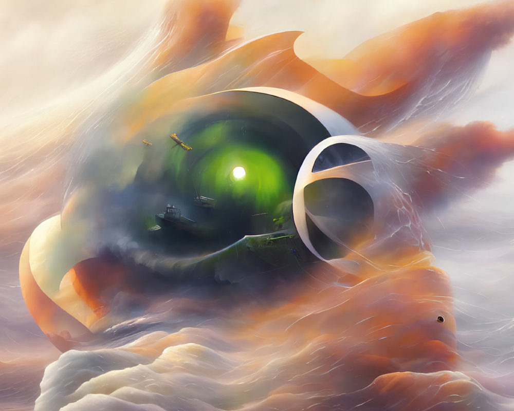 Giant eye in clouds with ships, fiery orange tones swirling into green iris.