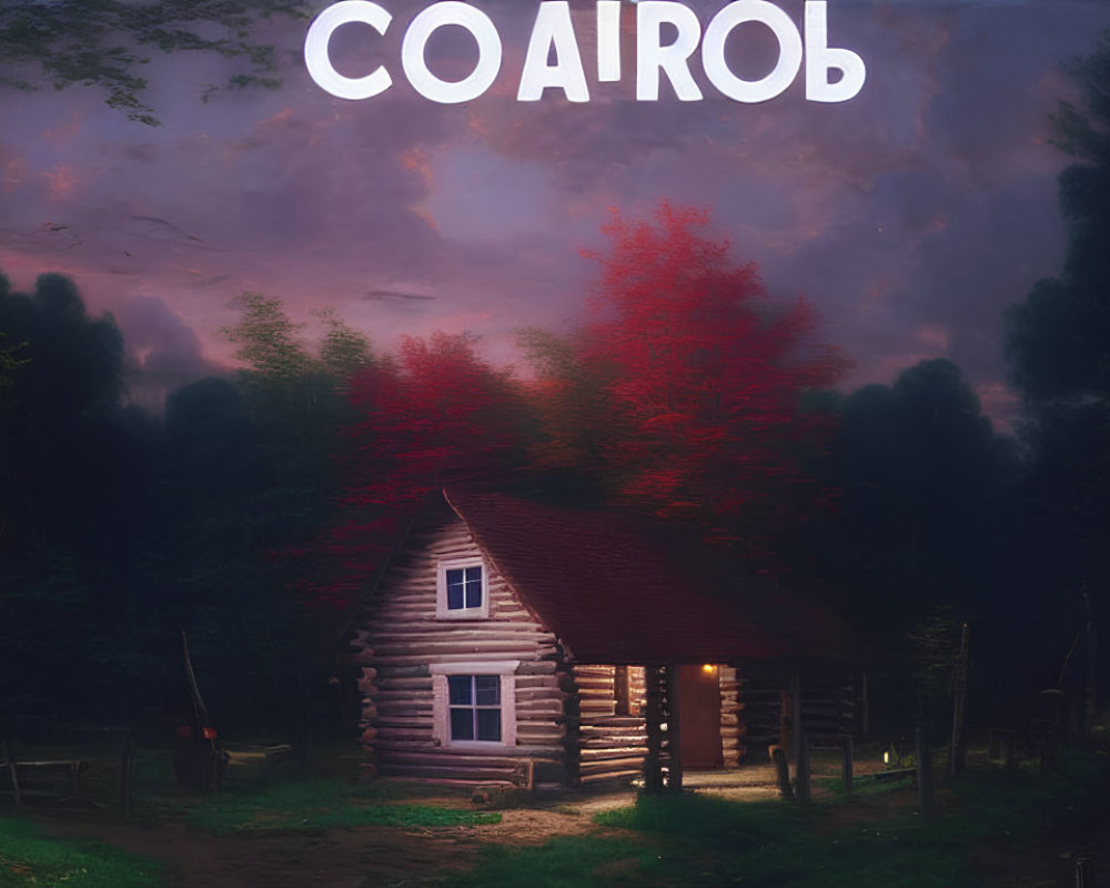 Twilight scene with glowing log cabin, "COAIROB" text overlay, and figures.