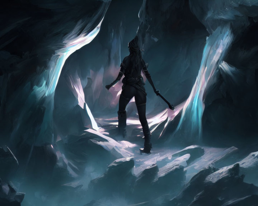 Solitary Figure in Glowing Ice Cave Wielding Staff