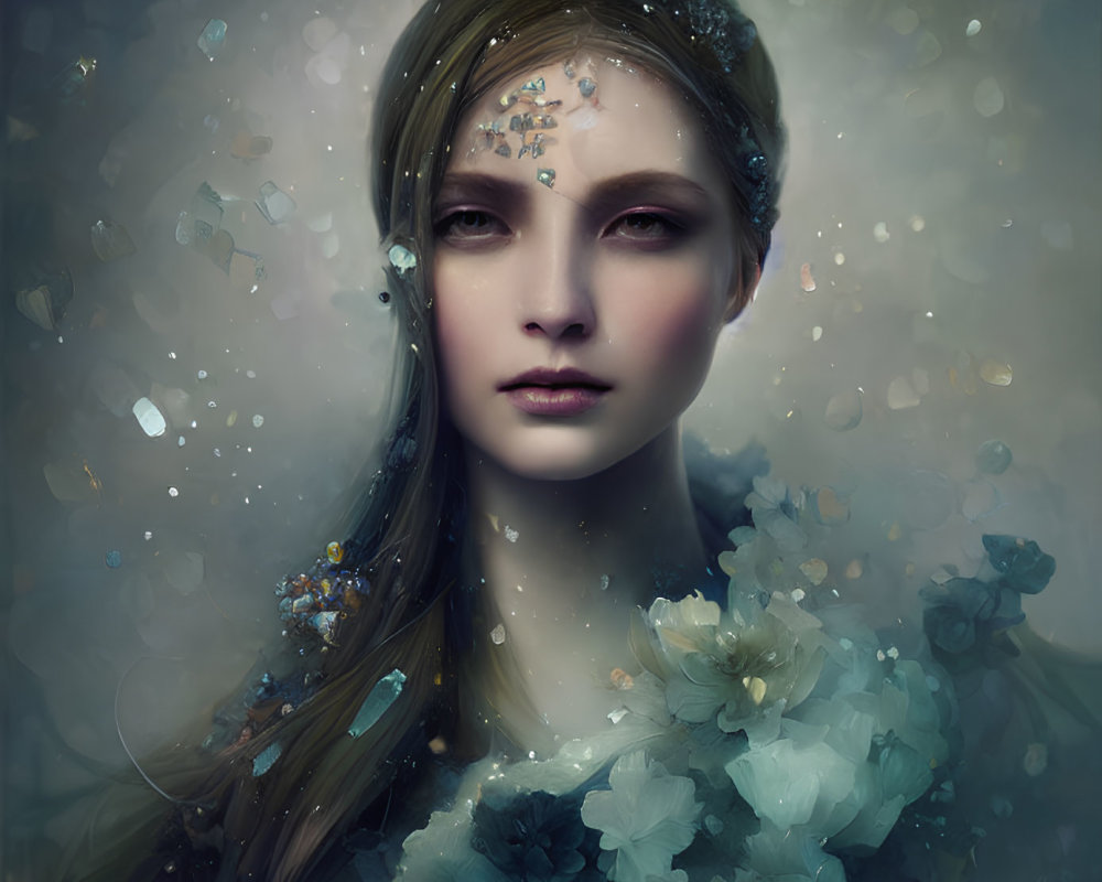 Ethereal portrait of a woman with flowers and crystals in dreamlike setting