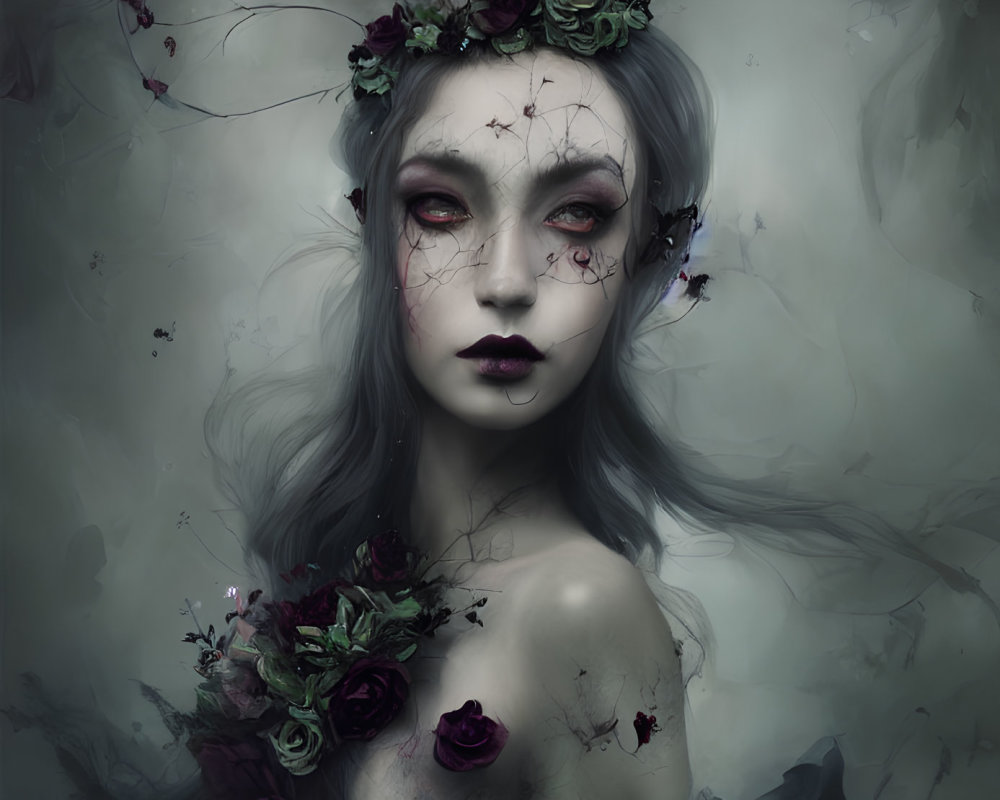 Ethereal gothic woman with flower crown in dark, cracked portrait