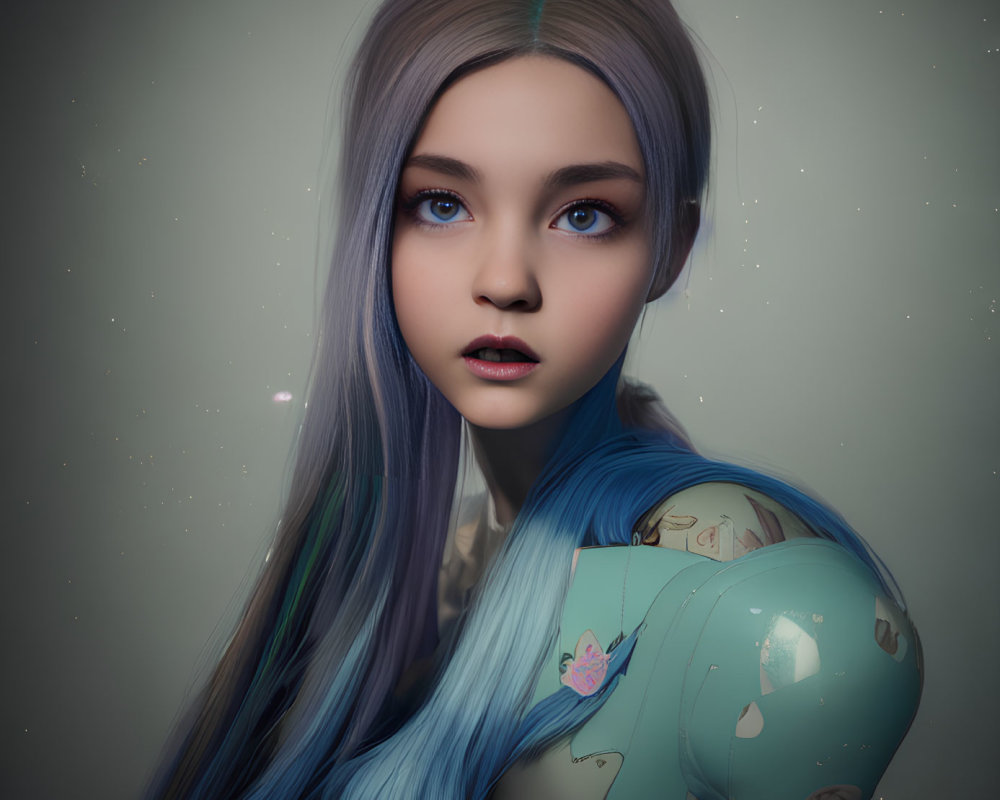 Digital Artwork: Young Woman with Blue-Gradient Hair and Green Suit with Butterfly Illustrations