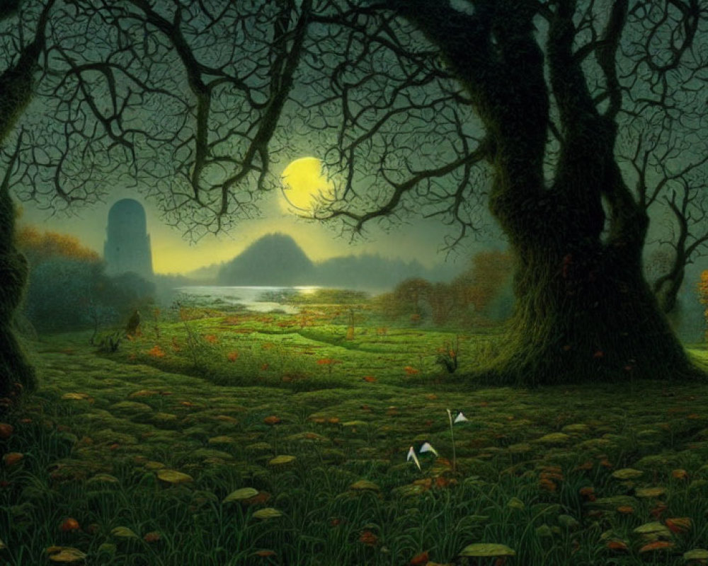 Moonlit fantasy landscape with large trees, glowing moon, serene lake, ancient ruin, and rabbits in