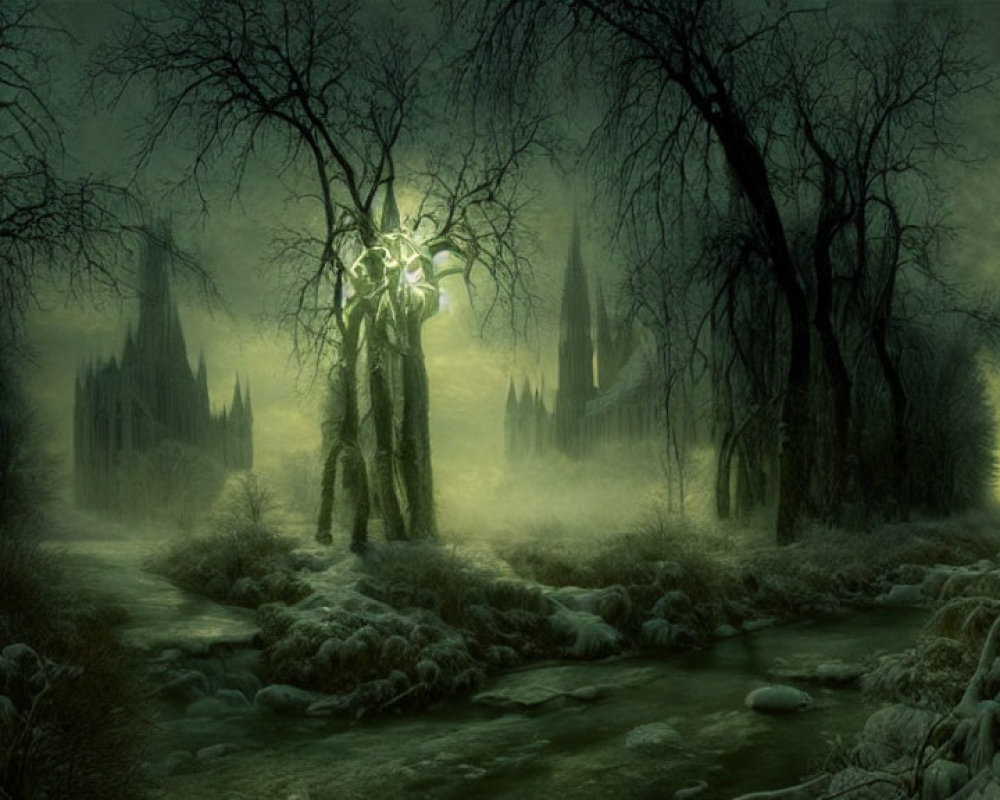 Moonlit landscape with mist, river, leafless trees, and Gothic cathedral.