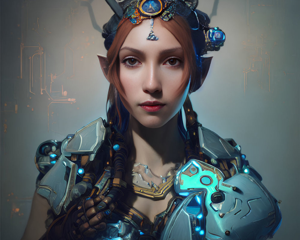 Futuristic cybernetic armor woman with glowing blue accents and orange hair