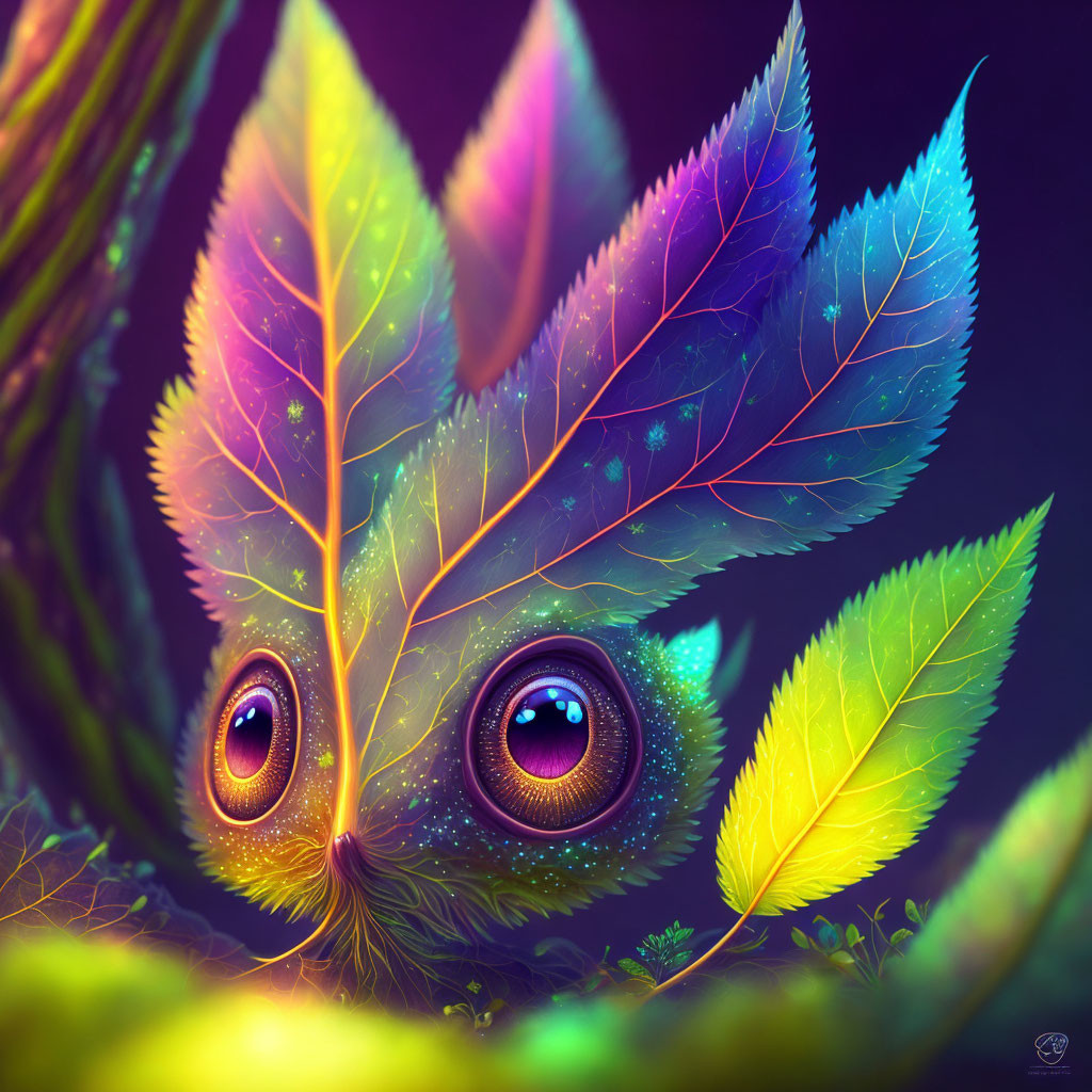 Colorful whimsical creature with large eyes peeking behind vibrant leaves