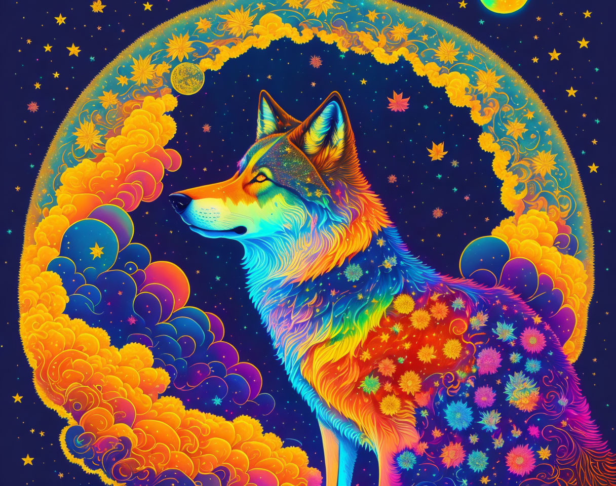 Colorful Wolf Illustration in Cosmic Setting