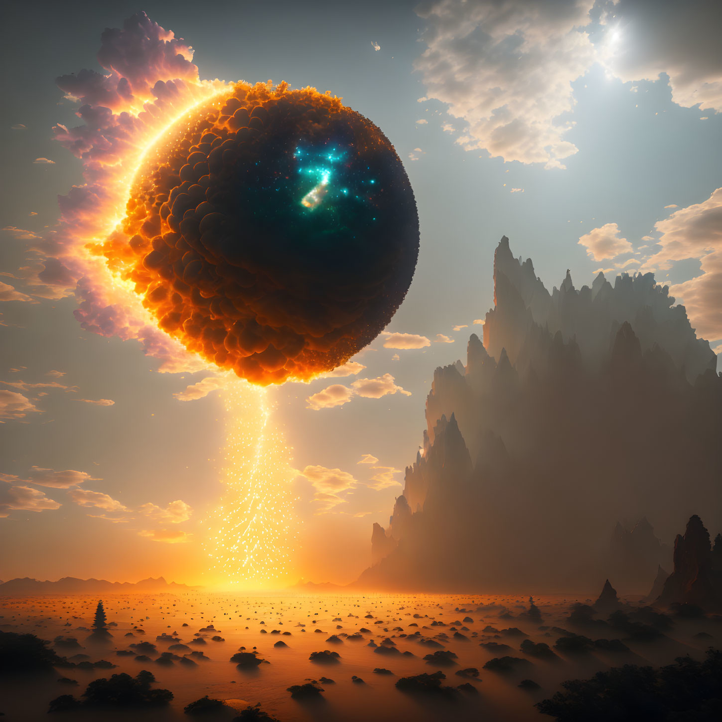 Surreal landscape with giant fiery celestial body and rocky spires