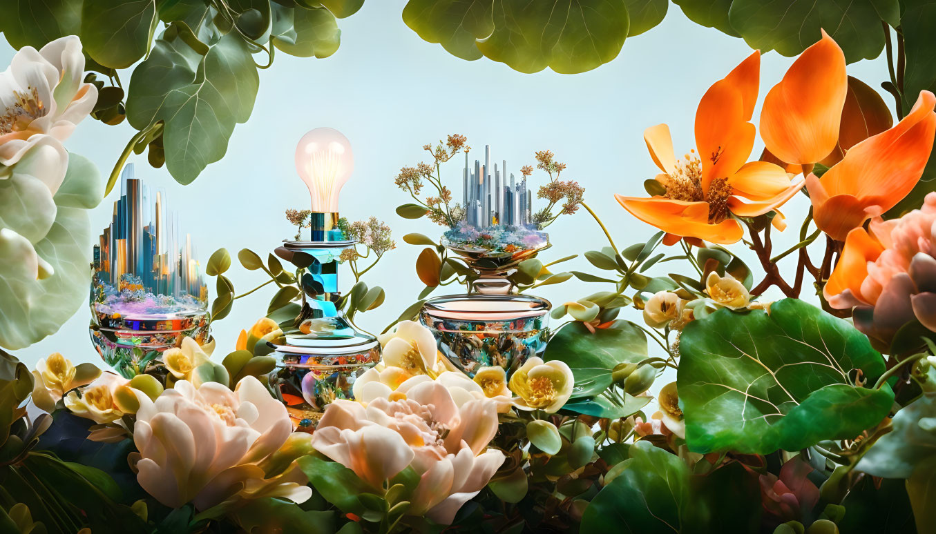 Vibrant flowers and miniature cities in surreal composition