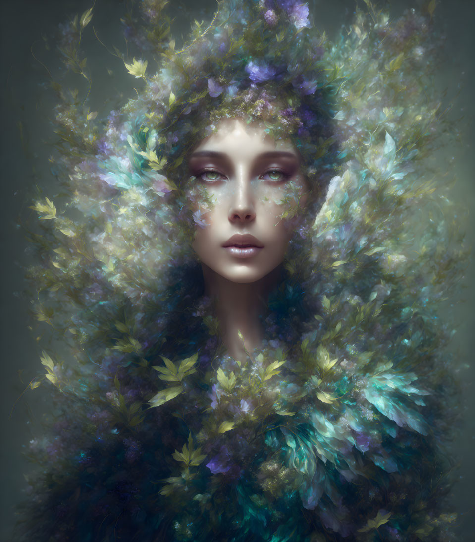 Serene person portrait with lush purple and green foliage headdress