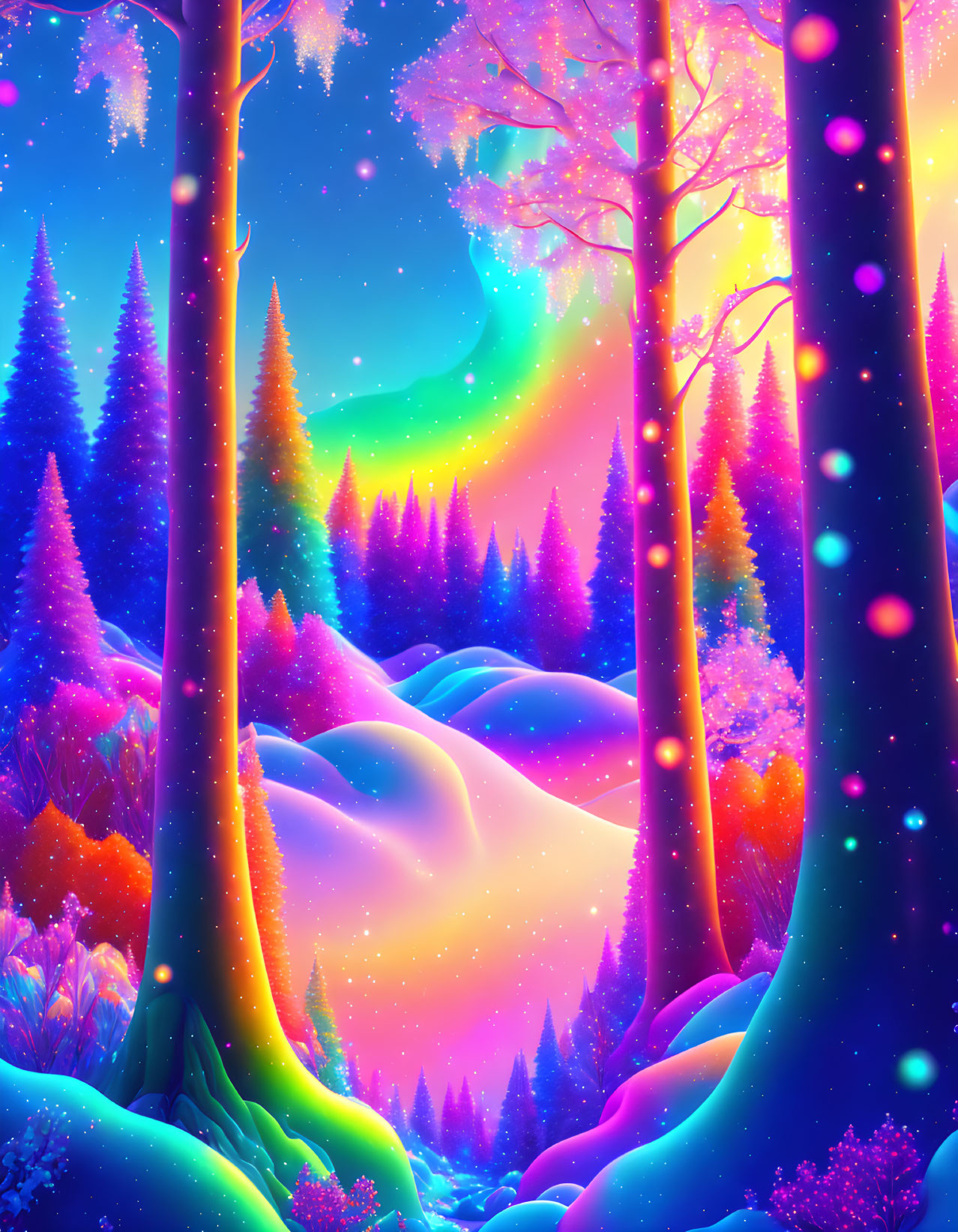 Colorful Fantasy Forest with Glowing Trees and Rainbow Aurora