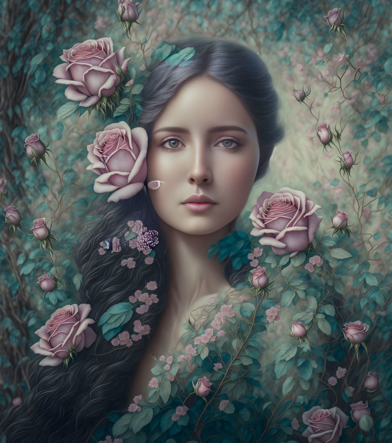 Woman with Dark Hair and Pink Roses in Ethereal Setting