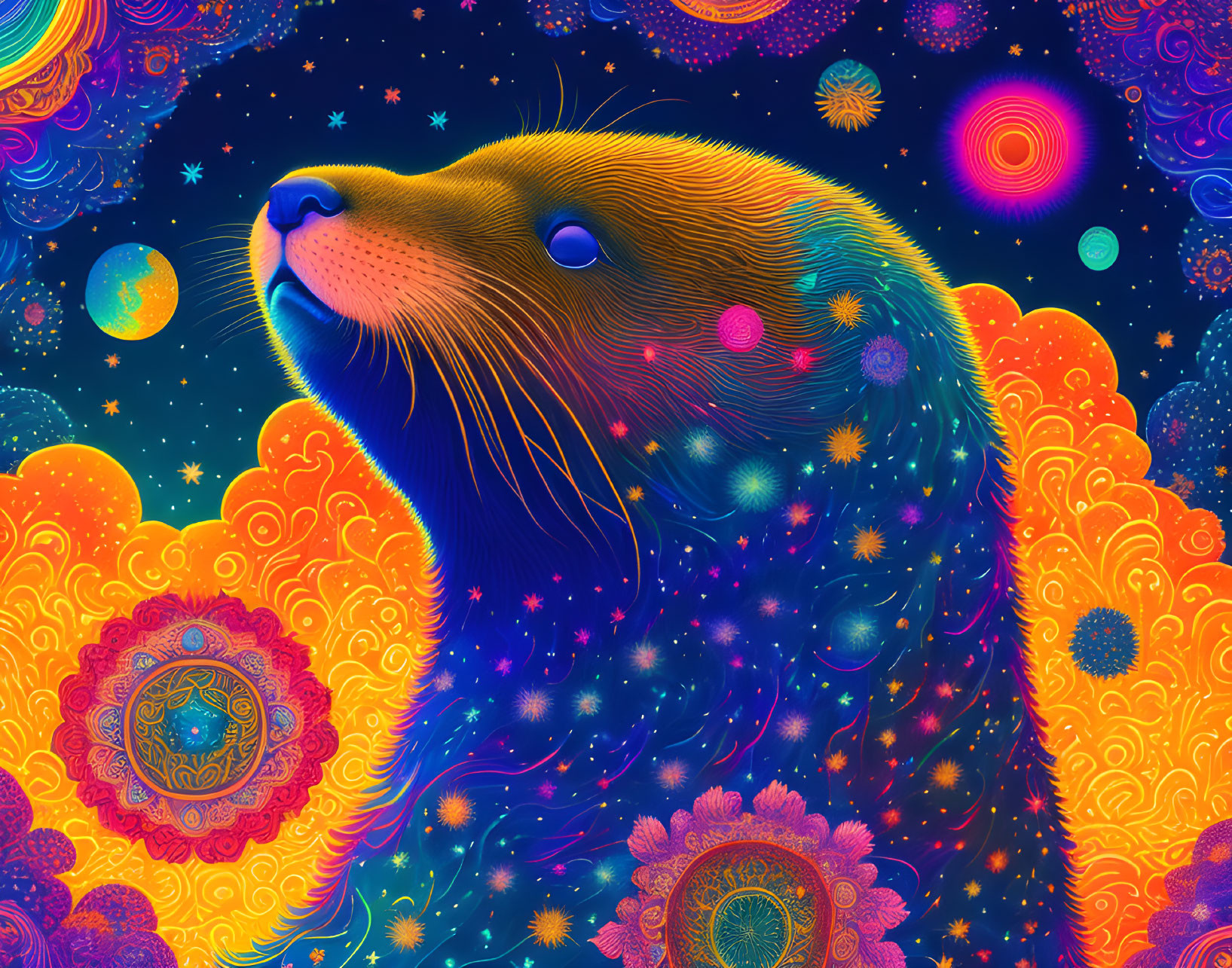 Colorful Psychedelic Seal Illustration on Cosmic Background