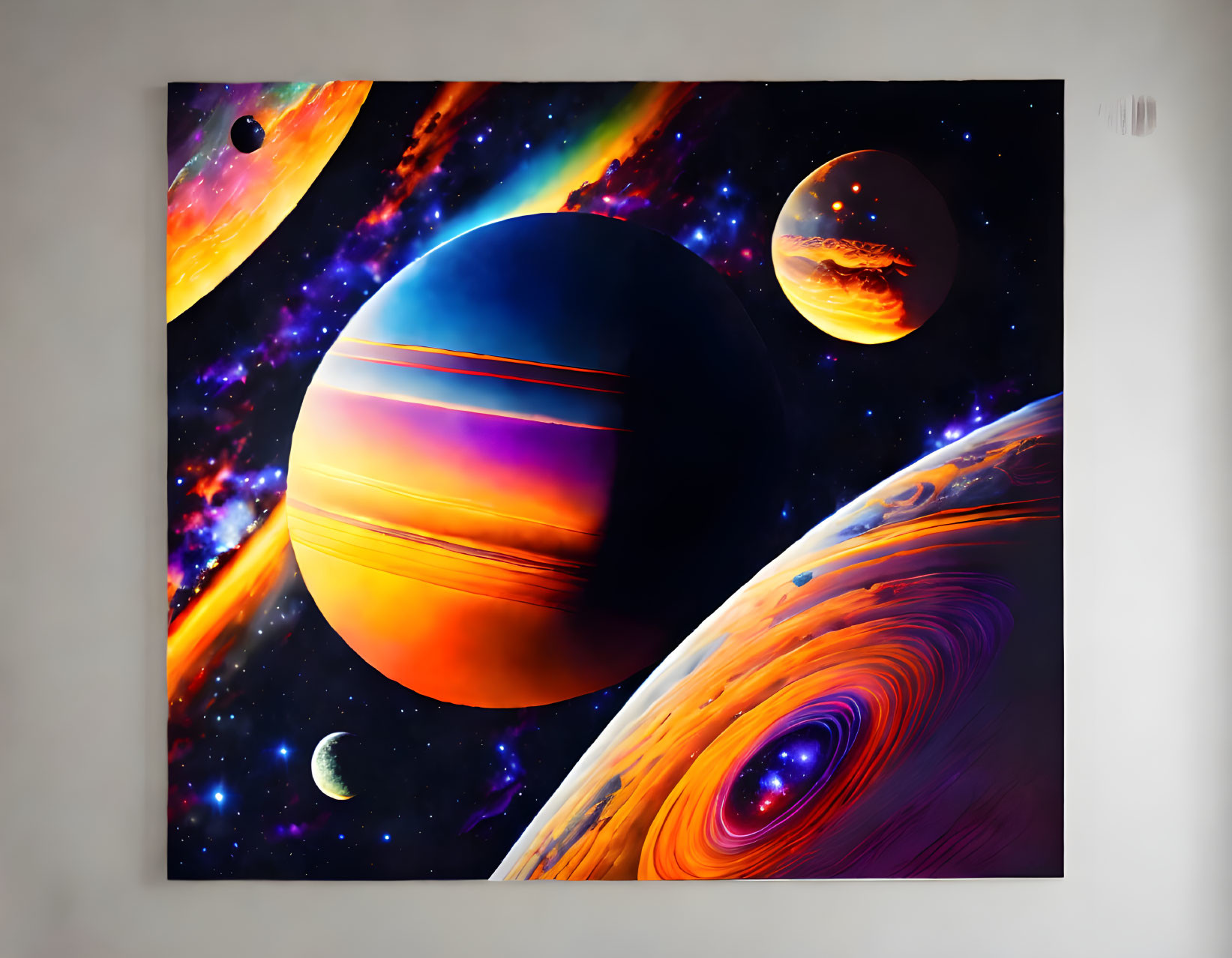 Colorful Space-themed Wall Art with Planet, Rings, Celestial Bodies, Stars, and Black Hole