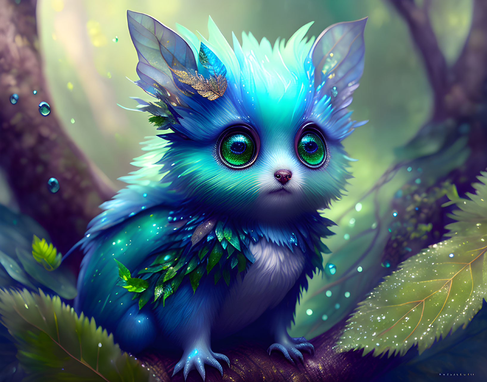 Fantastical creature: Fluffy kitten with green eyes, blue fur, and leaf wings