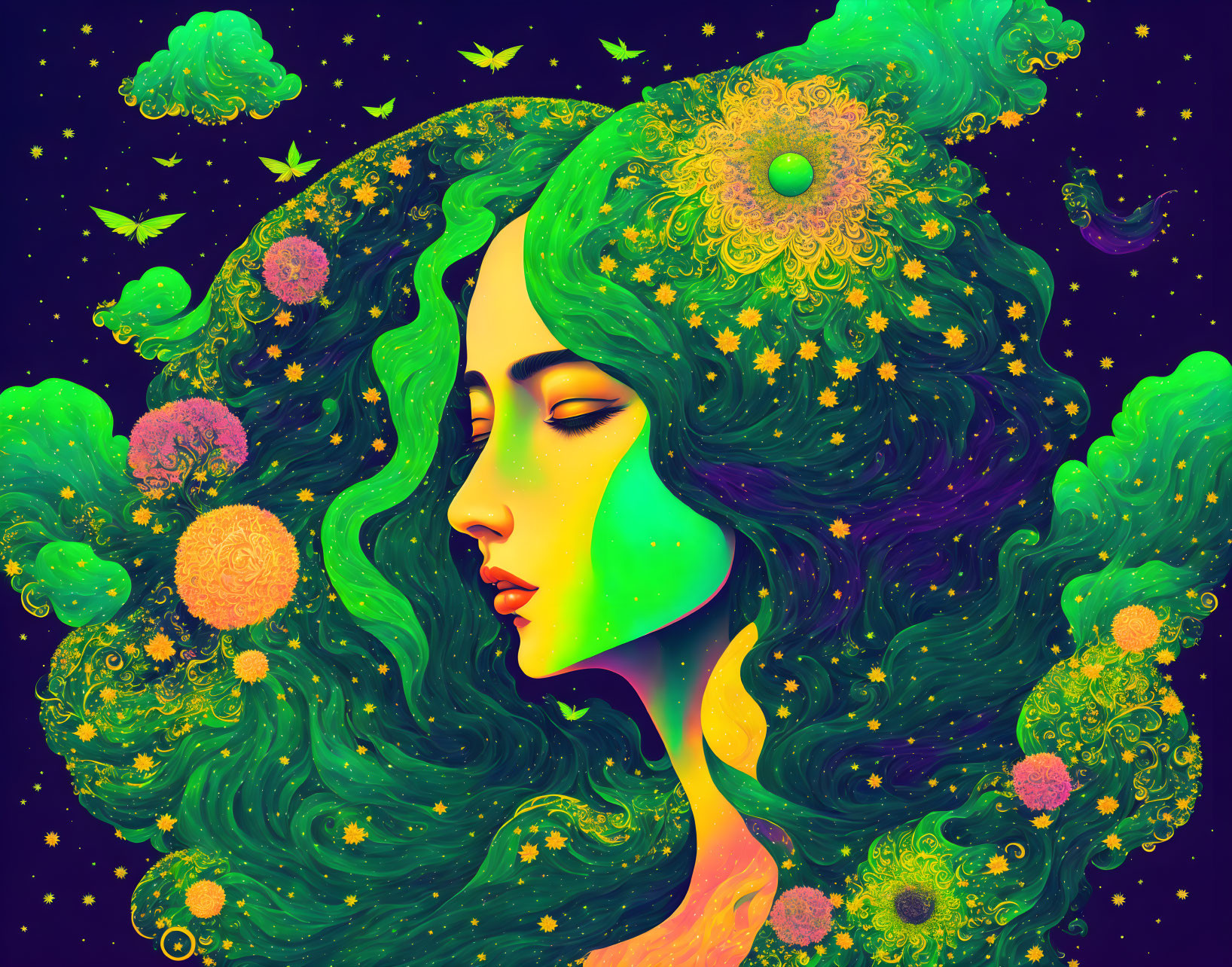 Vibrant woman with galaxy-themed hair on starry night background