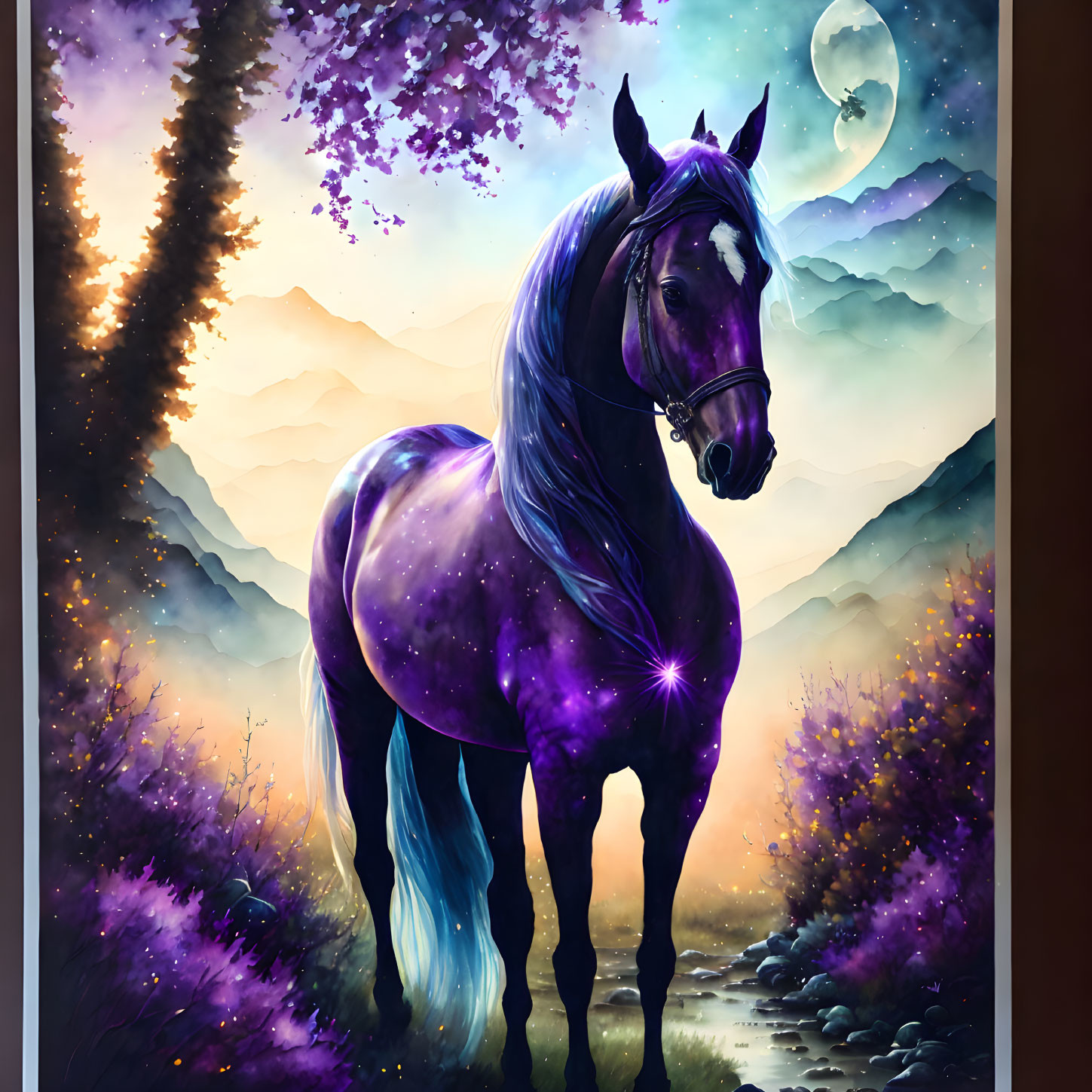 Starry purple coat horse in mystical landscape with moonlit sky