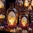 Geometric patterned vases with golden rims and purple flowers on dark background