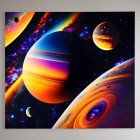 Colorful Space-themed Wall Art with Planet, Rings, Celestial Bodies, Stars, and Black Hole