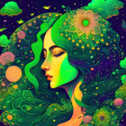 Vibrant woman with galaxy-themed hair on starry night background