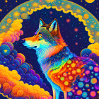 Colorful Wolf Illustration in Cosmic Setting