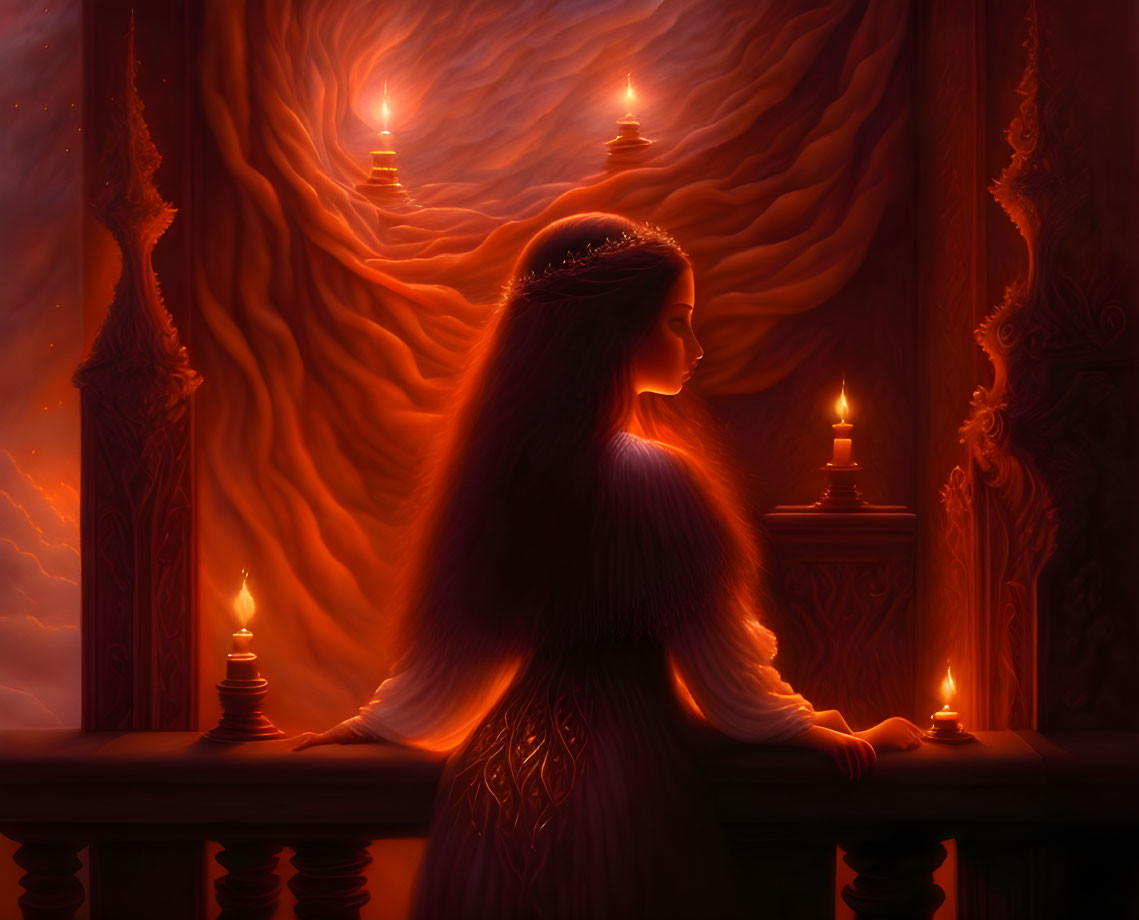 Regal woman in elaborate gown surrounded by candles and warm, mystical lighting.