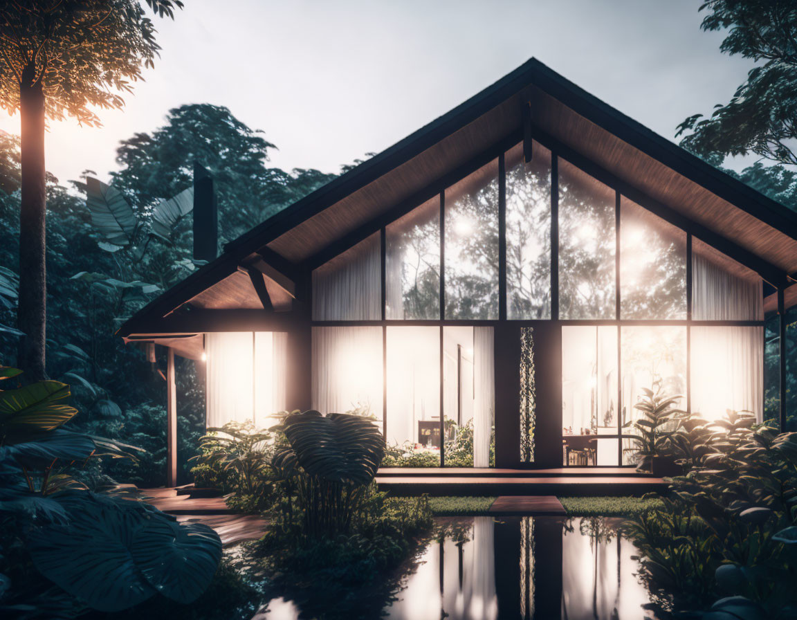 Glass House with Gable Roof Surrounded by Nature and Pond Reflections