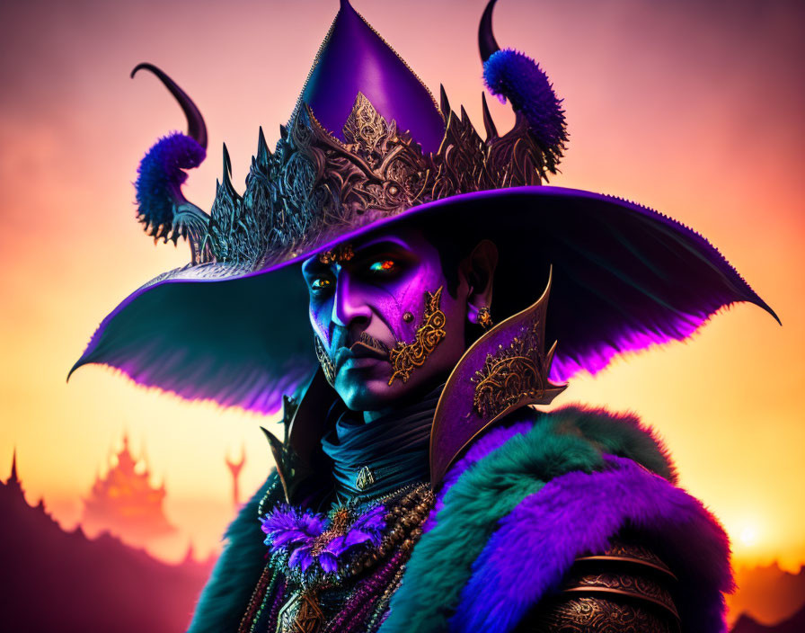 Fantasy character with horns and decorative mask in vibrant attire against fiery twilight sky