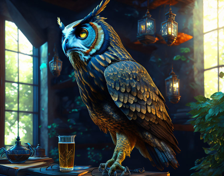 Stylized owl with intricate feathers in cozy room