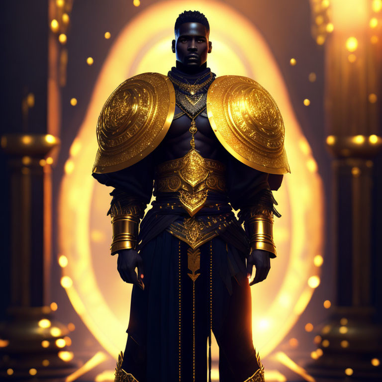 Regal figure in golden armor with glowing halo backdrop