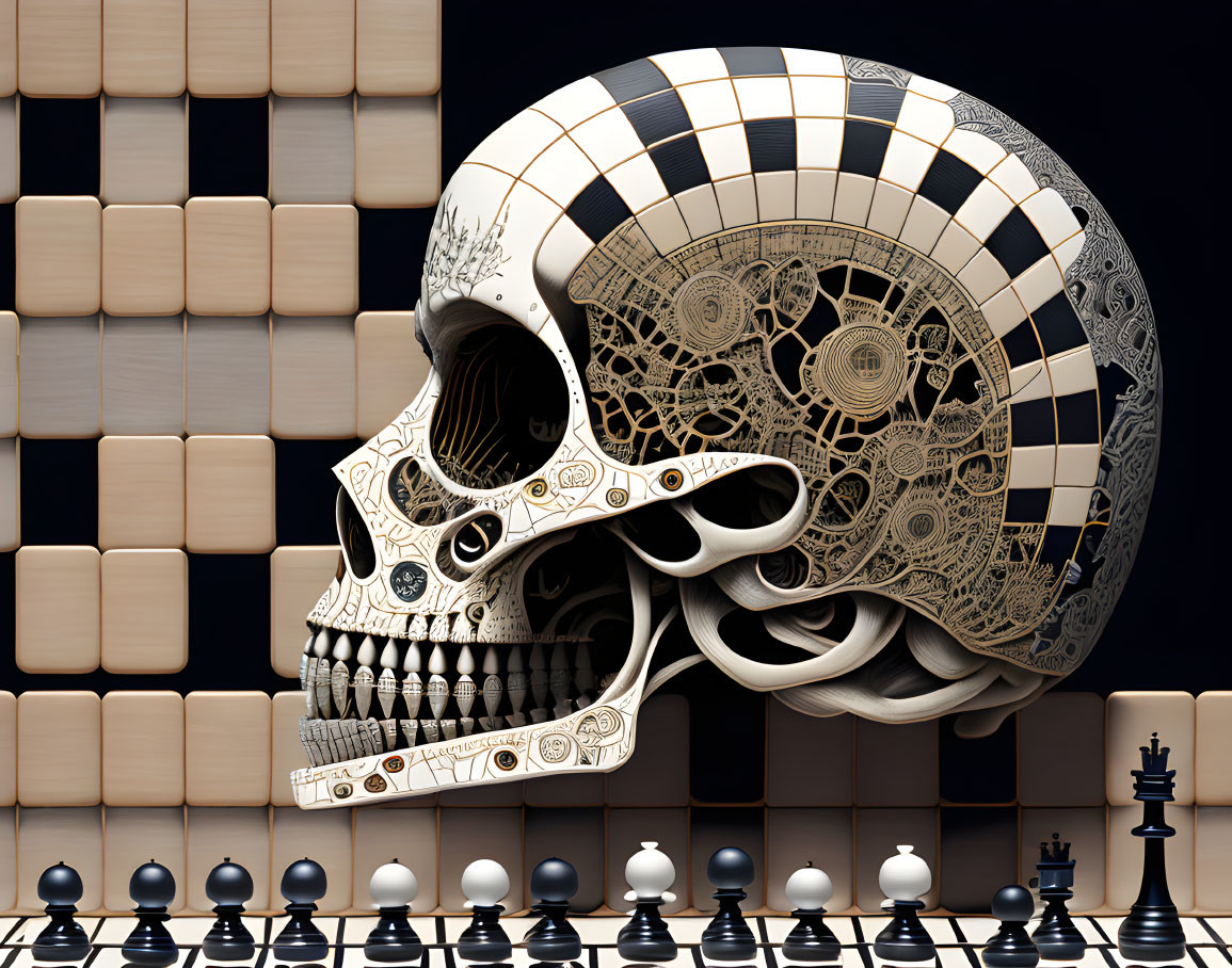 Intricate skull digital illustration on chessboard with clockwork patterns