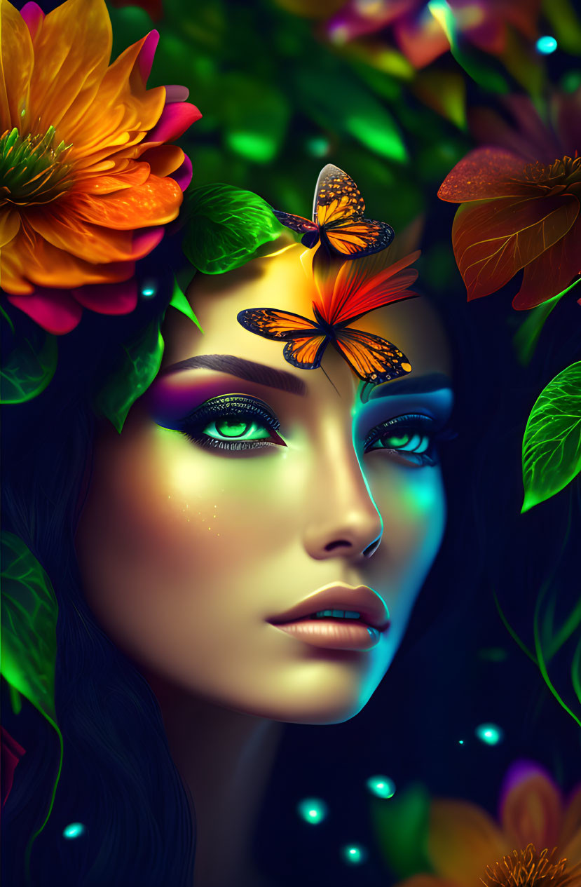 Digital portrait of woman's face with vibrant flowers, leaves, butterfly, glowing highlights