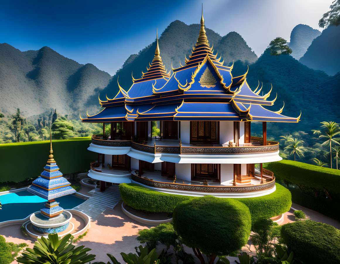 Traditional multi-tiered temple with blue and gold roofs in scenic landscape