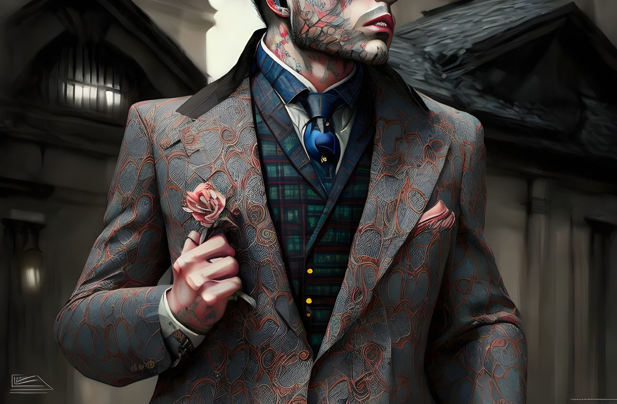 Illustration of person in patterned suit with rose and intricate face tattoos