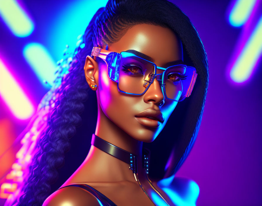 3D-rendered image: Woman with glasses in neon-lit setting