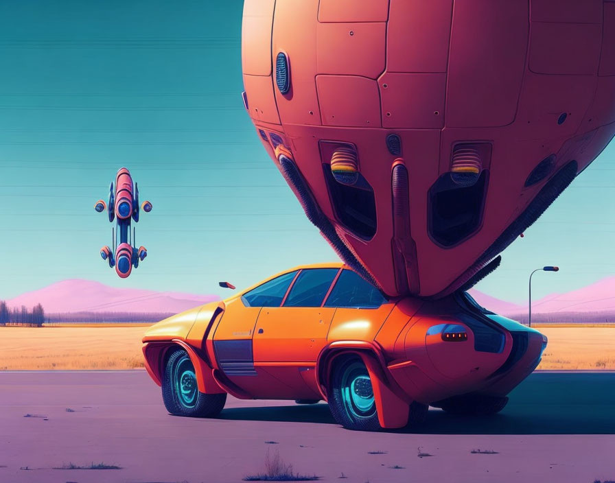 Futuristic orange car under spaceship in colorful alien landscape