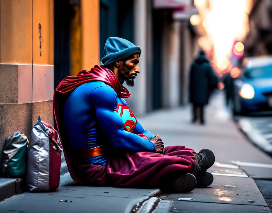 Superman Cosplayer in Blue Beanie Sitting on City Sidewalk