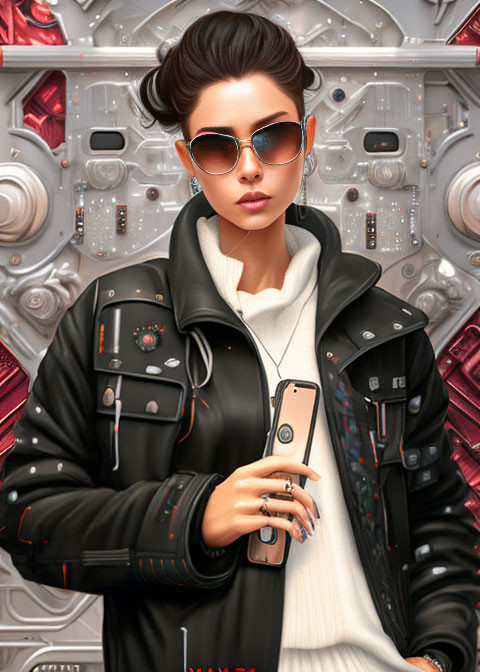 Fashionable Person in Sunglasses with Smartphone Against Futuristic Tech Background