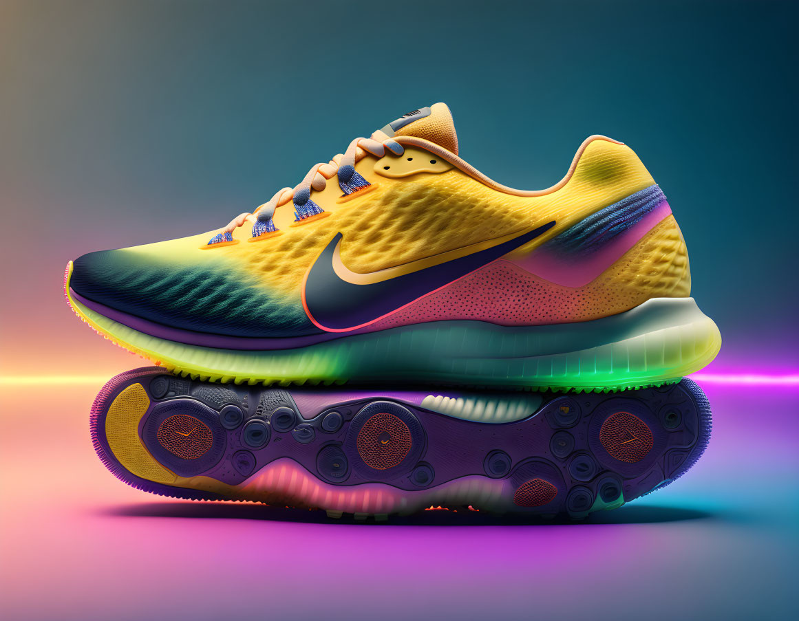 Vibrant Nike Running Shoe with Gradient Upper and Neon Background