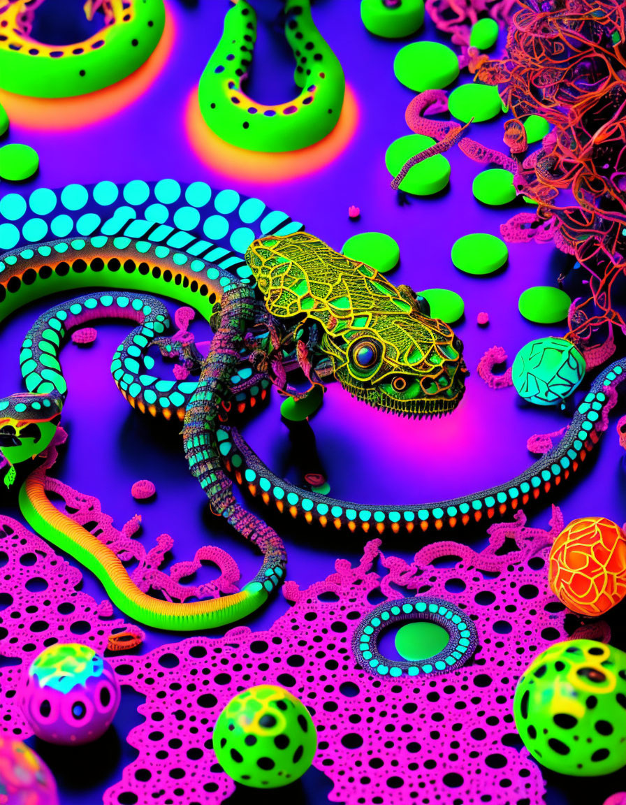 Colorful Neon Chameleon in Psychedelic Digital Art