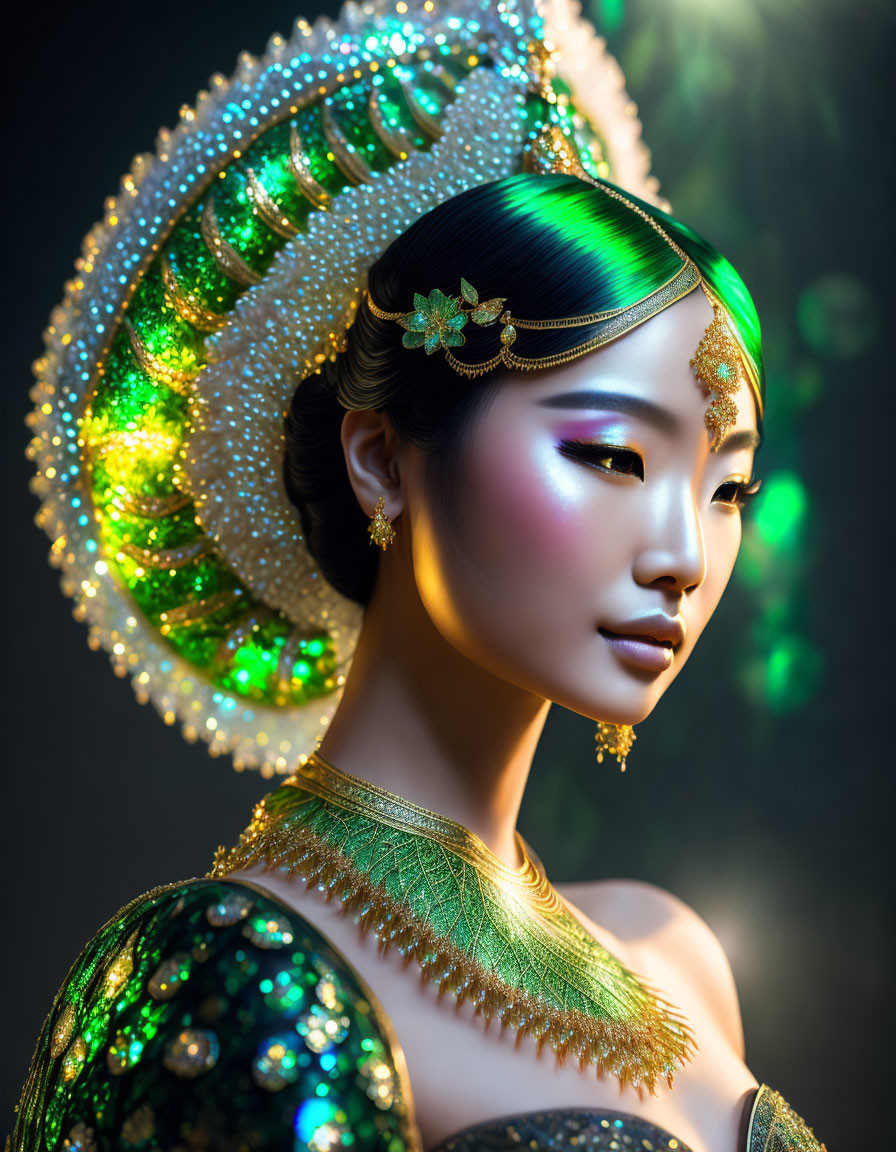 Ornate Green and Gold Costume with Elaborate Headdress and Cultural Beauty