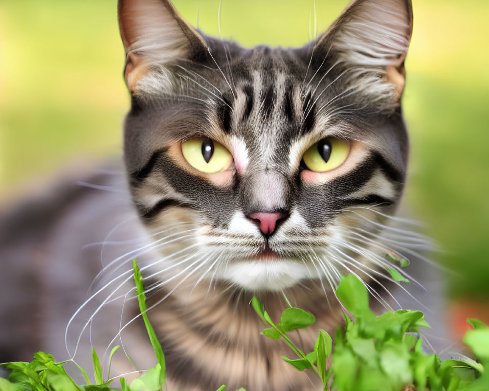 Tabby Cat with Yellow Eyes and Whiskers in Green Foliage