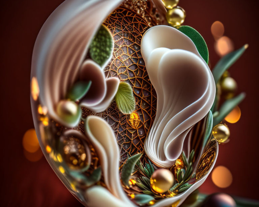 Detailed 3D fractal design of ornate golden egg with swirling patterns and glistening orbs on