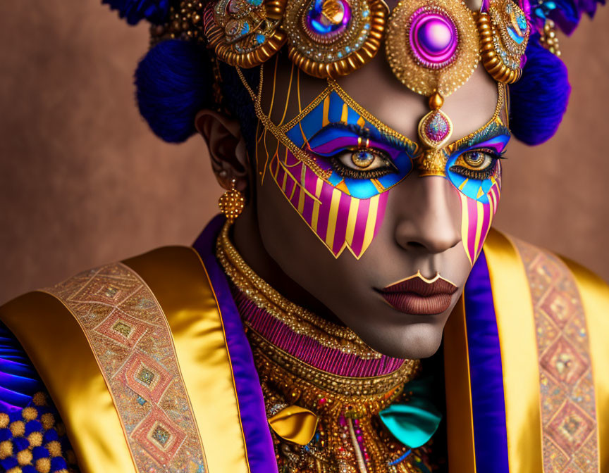 Elaborate Gold and Blue Headpieces with Regal Purple and Gold Costume