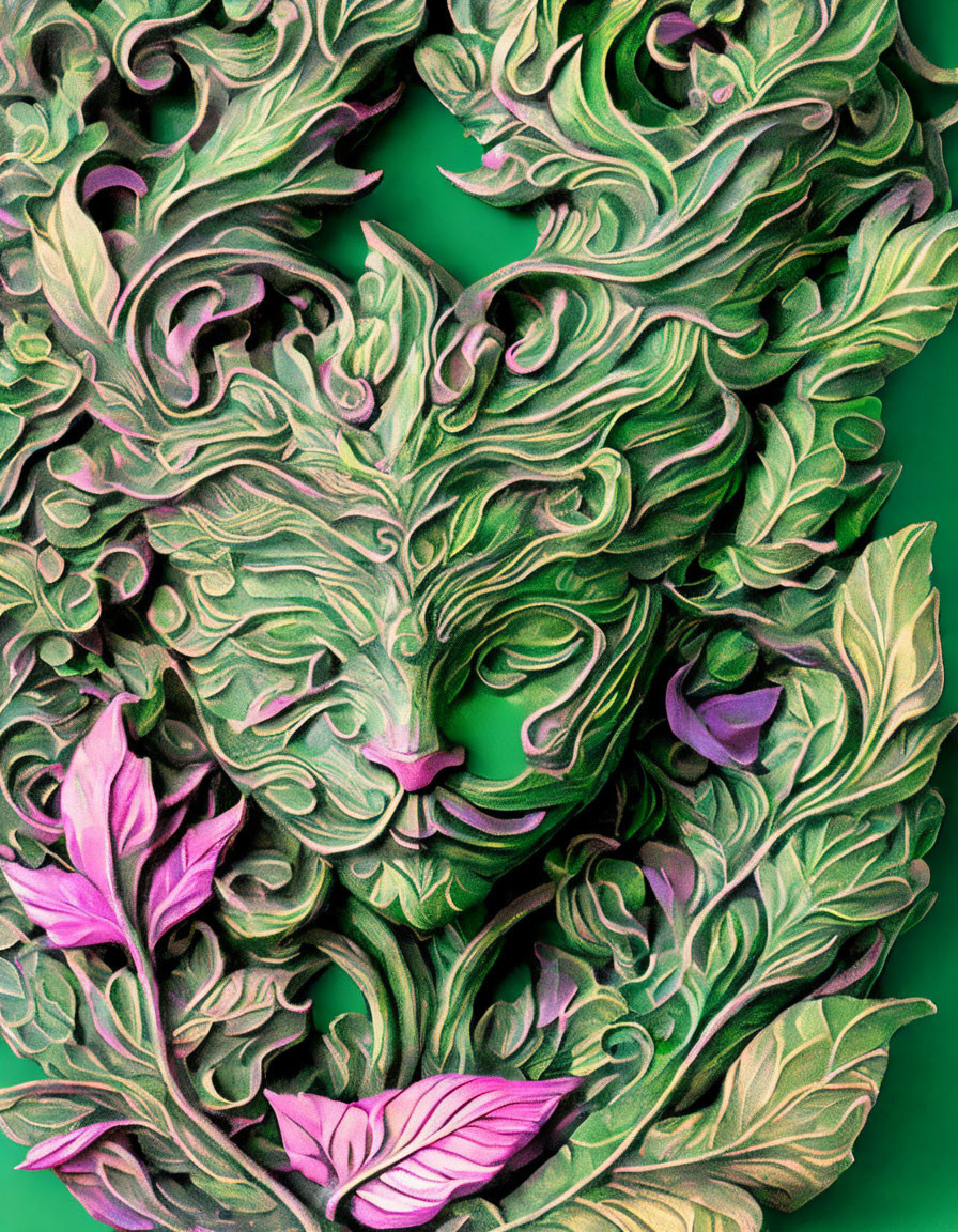 Detailed bas-relief of stylized feline face with pink leaves on green background